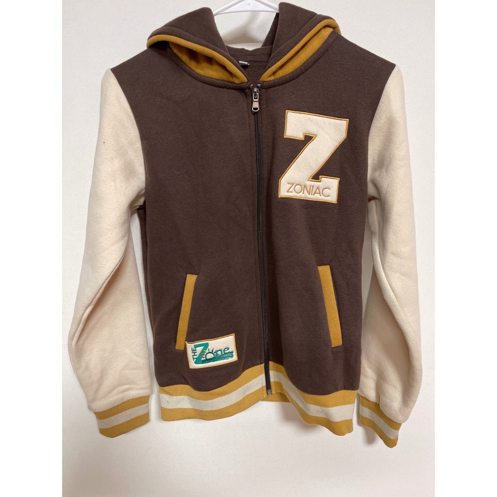 Zoniac The Zone Varsity Zip Up Hoodie Brown Cream Yellow Character Ears Large